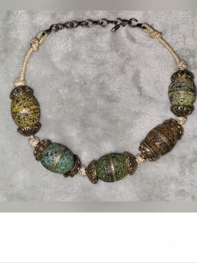 Vintage Chunky Boho Statement Necklace Multi-Color Textured Bead Artisan Brass